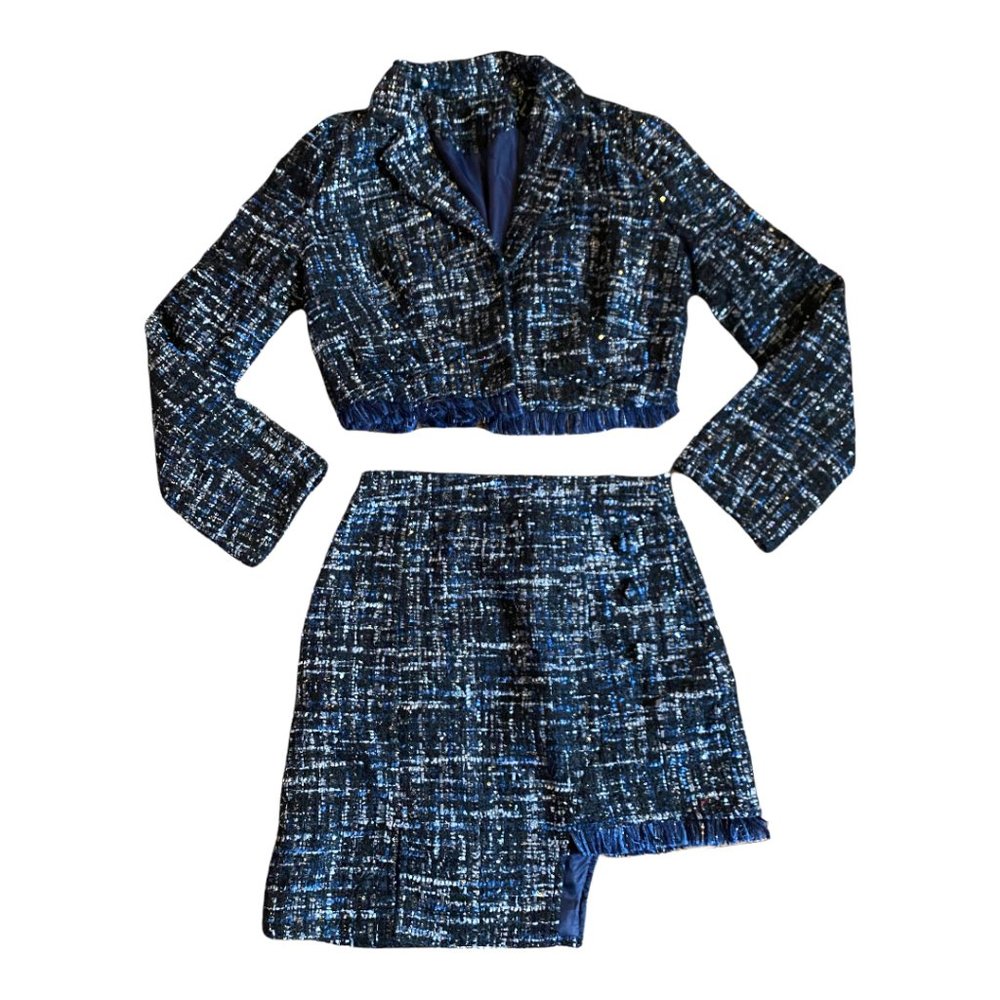 Button Front Raw Hem Tweed Blazer + Skirt Set